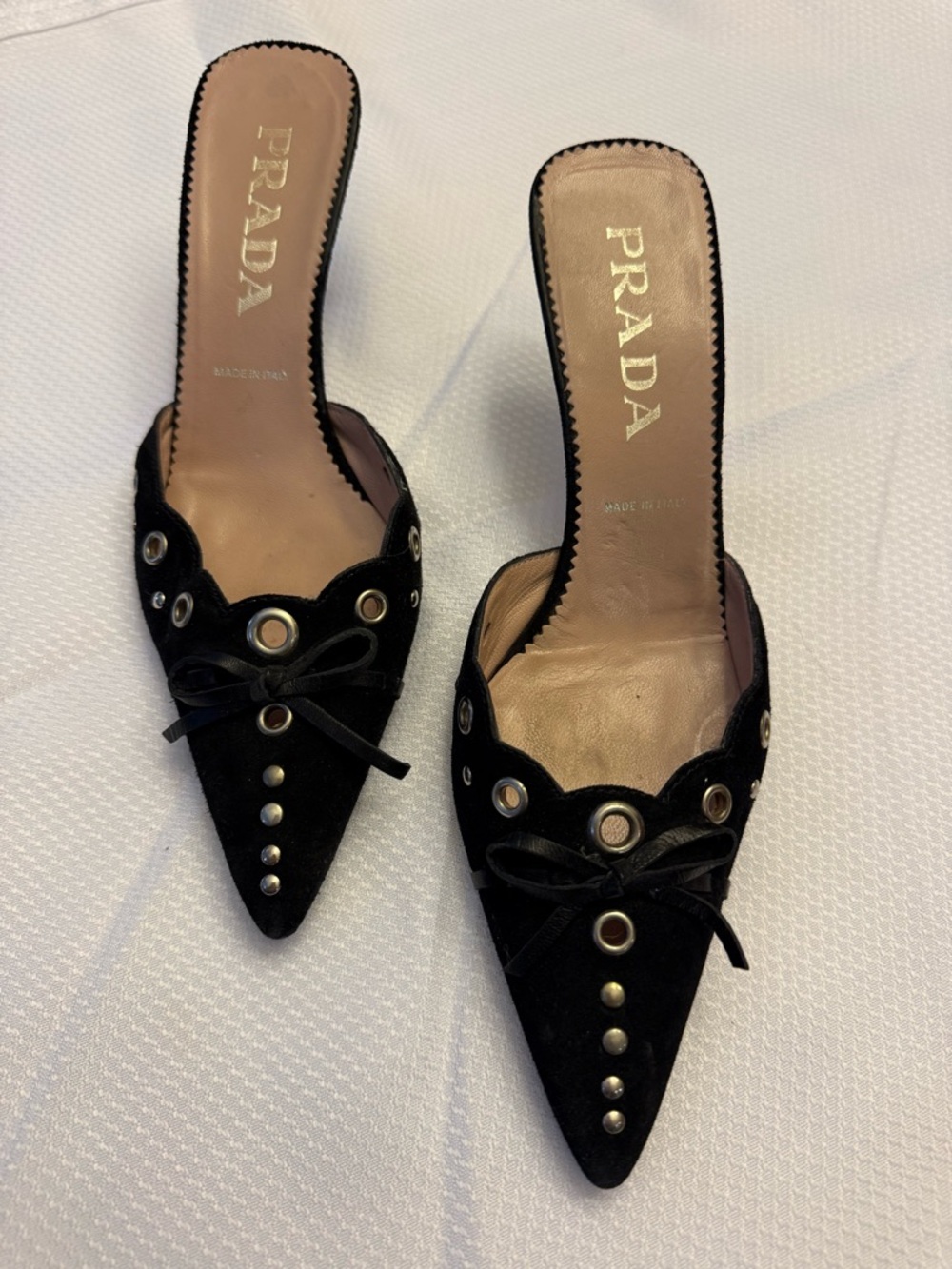 Prada Black Suede Pointed Toe Grommet Mule